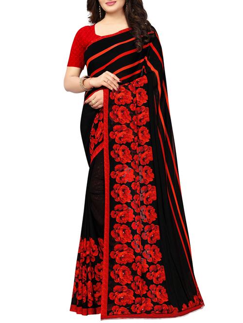floral contrast border printed saree with blouse - 15795467 - Very Small Image - 1