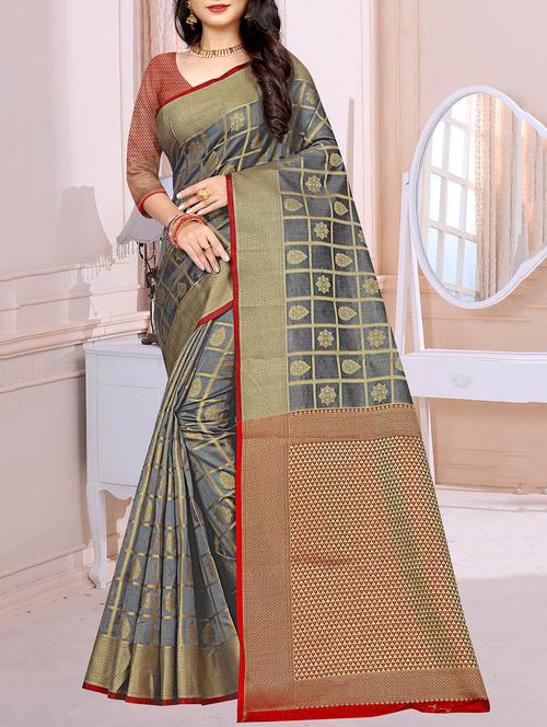 checkered ethnic motif printed saree with blouse - 15795561 - Very Small Image - 1