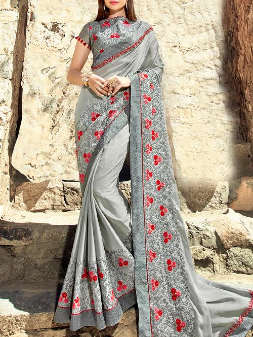 floral resham embroidered saree with blouse - 15798593 - Very Small Image - 1