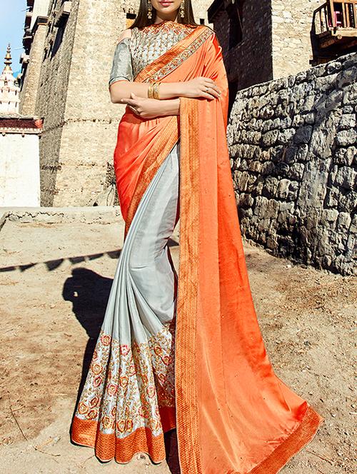 floral embroidered half & half saree with blouse - 15798595 - Very Small Image - 1
