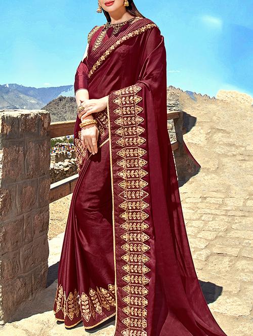 embroidered border maroon saree with blouse - 15798597 - Very Small Image - 1