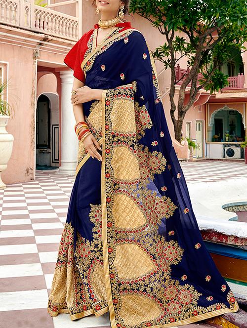 floral zari embroidered saree with blouse - 15798601 - Very Small Image - 1