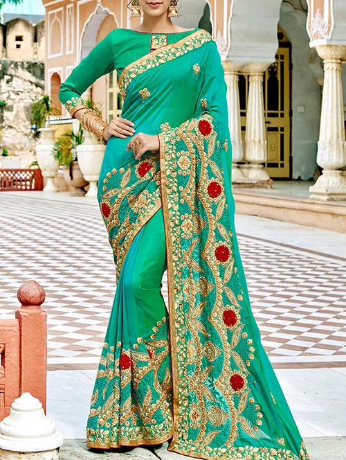 floral zari embroidered sea green saree with blouse - 15798606 - Very Small Image - 1