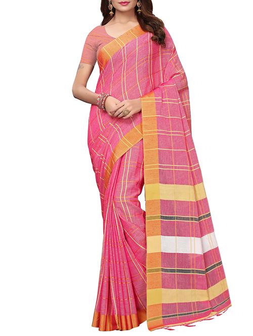 checkered linen handloom saree with blouse - 15798609 - Very Small Image - 1