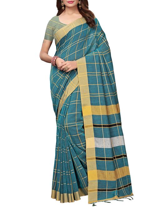 checkered linen handloom saree with blouse - 15798610 - Very Small Image - 1