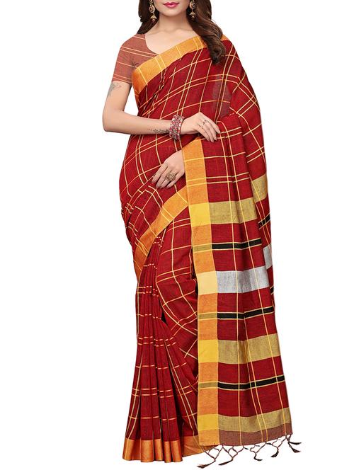 checkered linen handloom saree with blouse - 15798612 - Very Small Image - 1