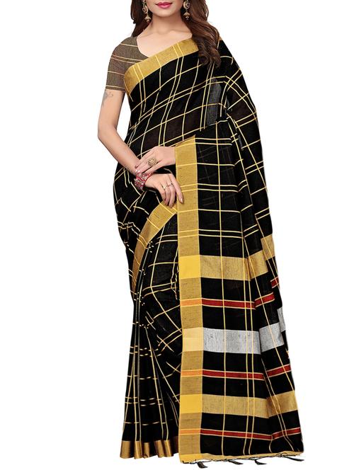 checkered linen handloom saree with blouse - 15798615 - Very Small Image - 1