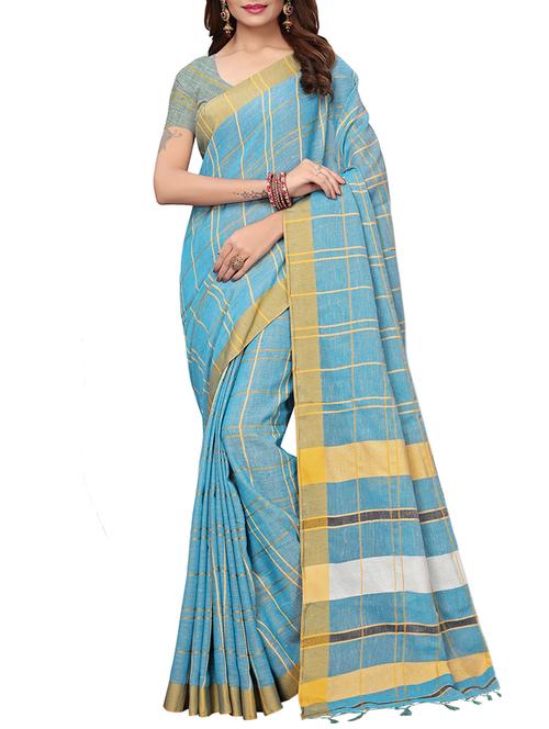checkered linen handloom saree with blouse - 15798617 - Very Small Image - 1