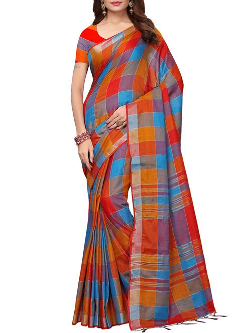 contrast shades linen checkered handloom saree with blouse - 15798619 - Very Small Image - 1