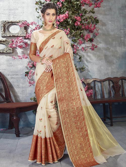 cross stitch embroidered printed border saree with blouse - 15799085 - Very Small Image - 1