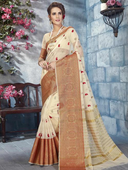 resham embroidered printed border saree with blouse - 15799087 - Very Small Image - 1