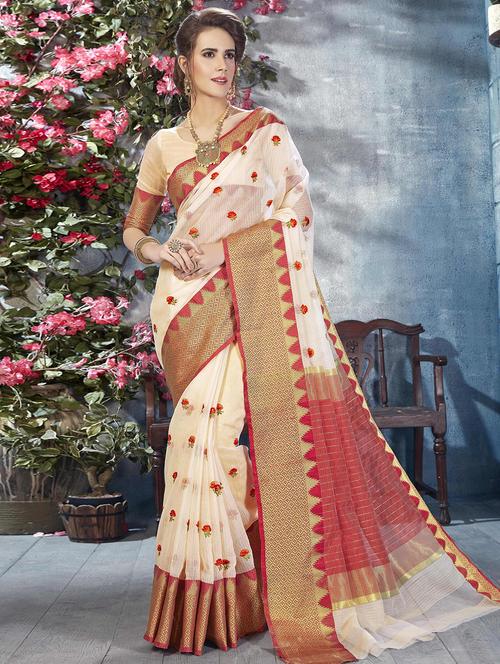 resham embroidered bordered saree with blouse - 15799088 - Very Small Image - 1