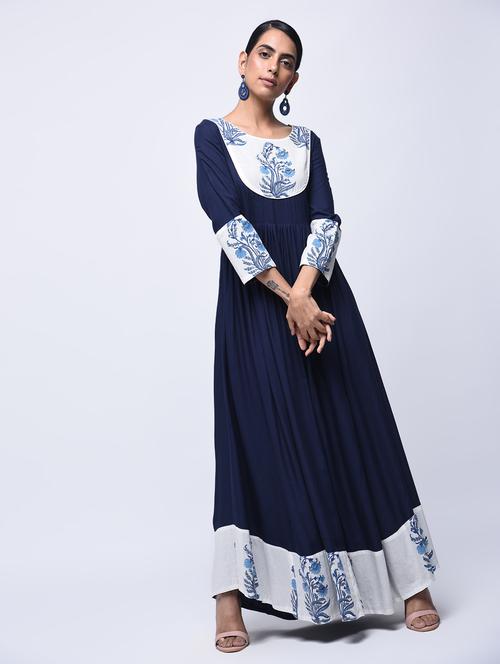 indigo flared printed contrast kurta - 15799469 - Very Small Image - 1