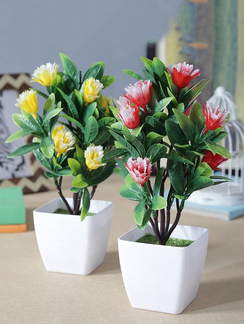 combo of two artificial bonsai trees with large yellow and red flowers - 15799604 - Very Small Image - 1
