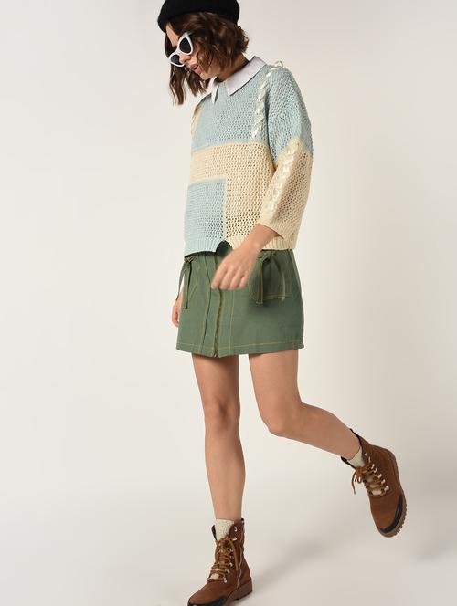 lace up detail pointelle knit pullover - 15800288 - Very Small Image - 1