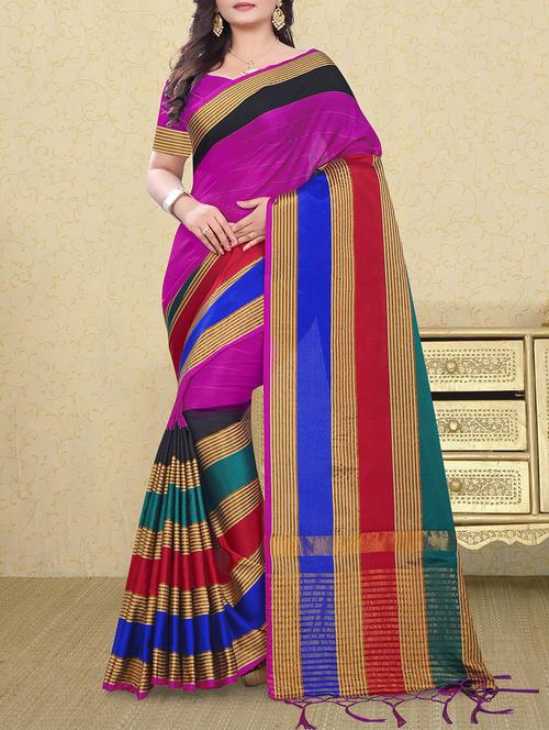 striped zari motifs woven saree with blouse - 15800582 - Very Small Image - 1