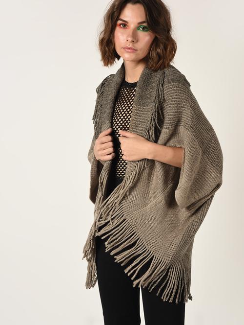 fringed hem knitted poncho - 15801890 - Very Small Image - 1