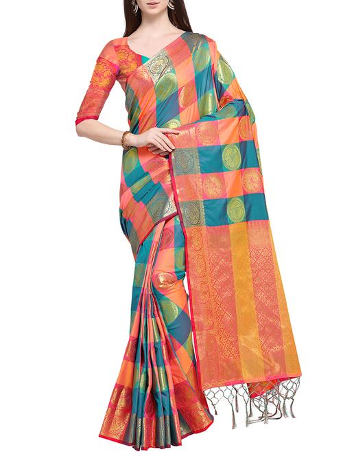 checkered ethnic motif banarasi silk saree with blouse - 15802158 - Very Small Image - 1