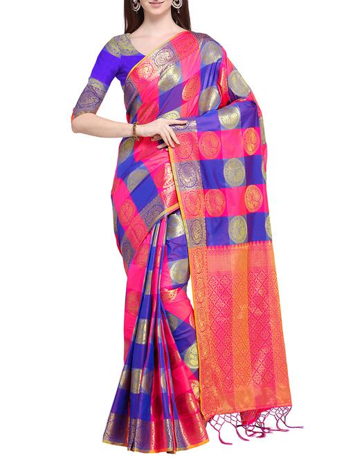 checkered ethnic motif banarasi silk saree with blouse - 15802160 - Very Small Image - 1
