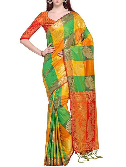 checkered leaf motif banarasi silk saree with blouse - 15802162 - Very Small Image - 1