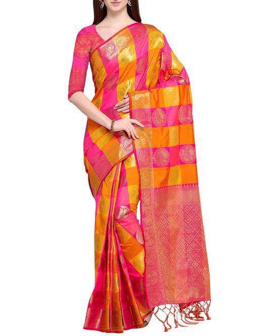 checkered leaf motif banarasi silk saree with blouse - 15802163 - Very Small Image - 1