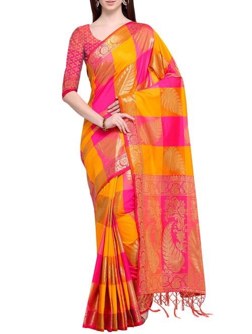 checkered leaf motif banarasi silk saree with blouse - 15802165 - Very Small Image - 1