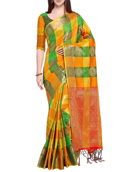 checkered leaf motif banarasi silk saree with blouse - 15802166 - Very Small Image - 1