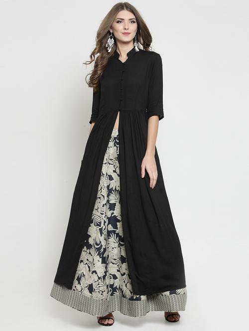 solid front slit kurta with printed skirt set - 15802788 - Very Small Image - 1