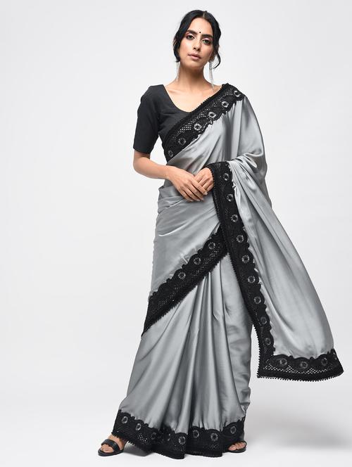 floral sequined border grey saree - 15803312 - Very Small Image - 1