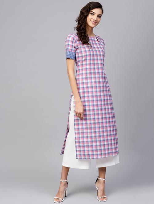 checkered printed straight kurta - 15803511 - Very Small Image - 1