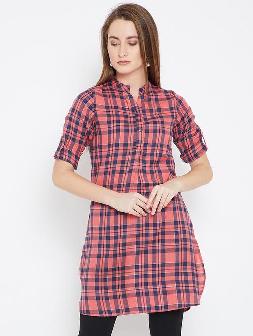 checkered red a-line kurti - 15803763 - Very Small Image - 1