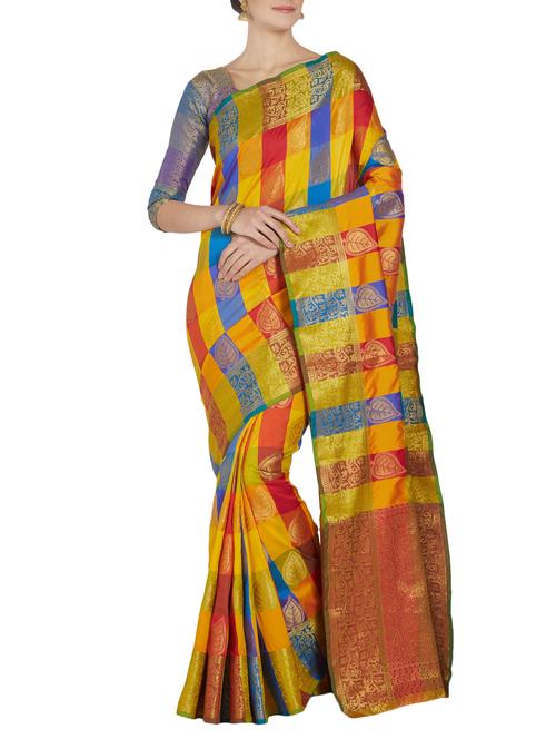 checkered zari motifs woven saree with blouse - 15804346 - Very Small Image - 1