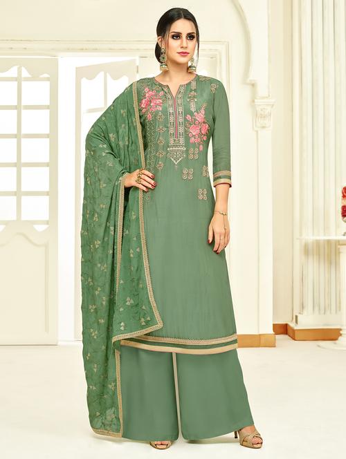 embroidered unstitched palazzo suit - 15804379 - Very Small Image - 1