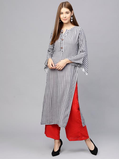 checkered printed straight kurta - 15805114 - Very Small Image - 1
