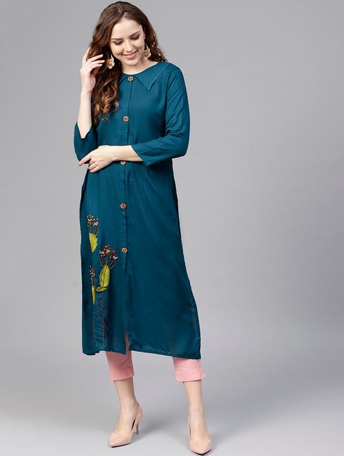 floral embroidered straight kurta - 15805120 - Very Small Image - 1