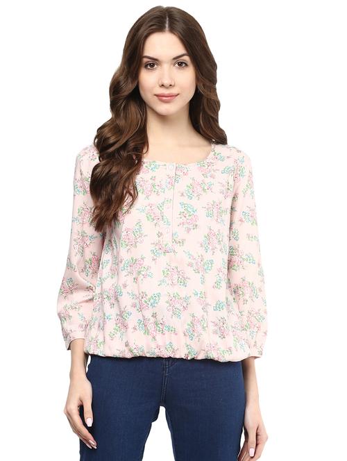button detail floral smocked hem top - 15807381 - Very Small Image - 1