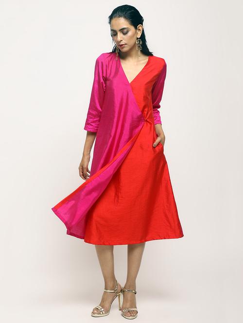 color block over lap red ethnic dress - 15807800 - Very Small Image - 1