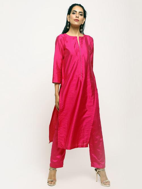 fuchsia silk kurta with pant set - 15807832 - Very Small Image - 1