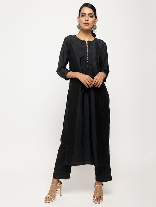 solid silk kurta with pant set - 15807835 - Very Small Image - 1