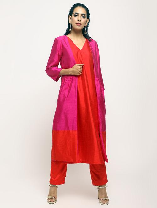 color block silk kurta pant with shrug set - 15807850 - Very Small Image - 1