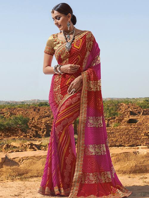 embroidered lace border bandhani saree with blouse - 15807976 - Very Small Image - 1