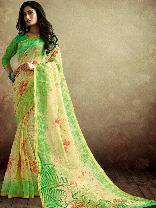 digital floral linen printed saree with blouse - 15809190 - Very Small Image - 1