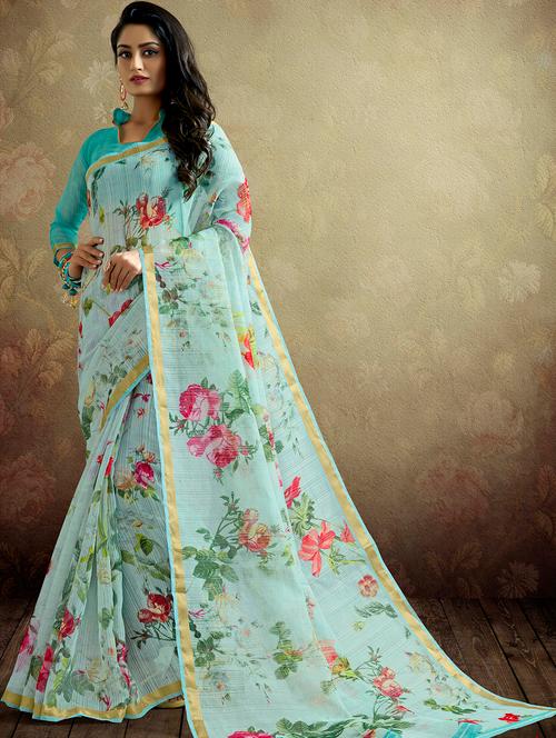 digital floral linen printed saree with blouse - 15809191 - Very Small Image - 1