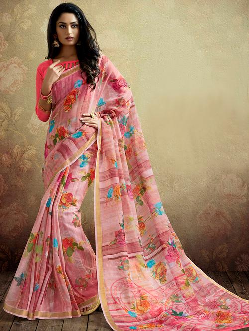 digital floral linen printed saree with blouse - 15809193 - Very Small Image - 1