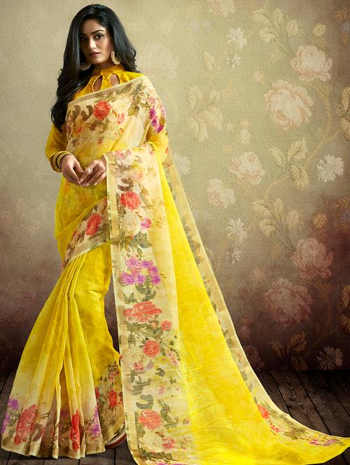 digital floral linen printed saree with blouse - 15809194 - Very Small Image - 1