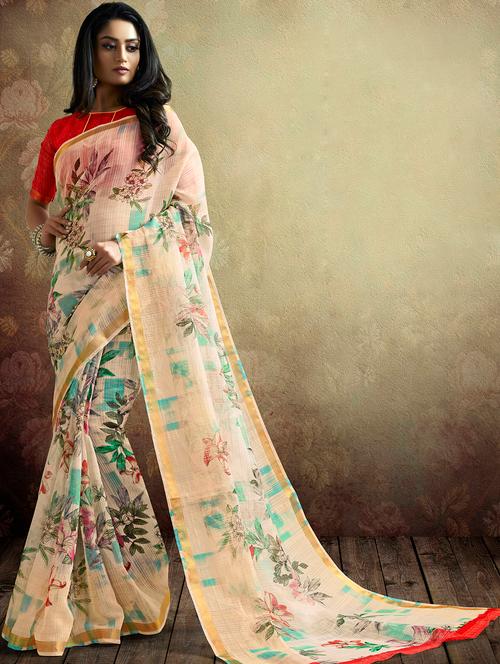 digital floral linen printed saree with blouse - 15809198 - Very Small Image - 1