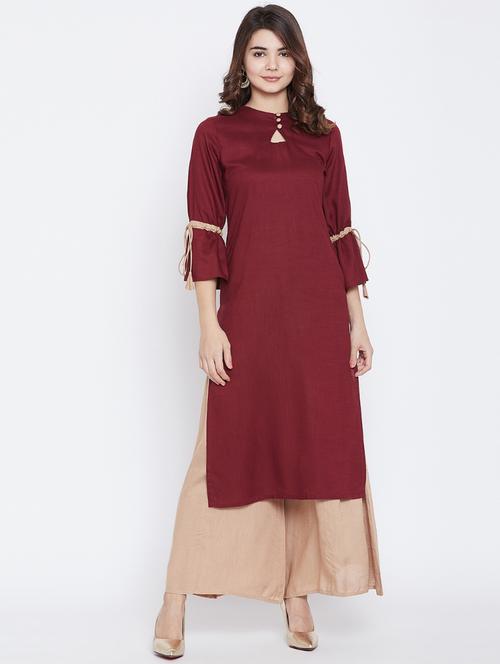 drawstring sleeved kurta with palazzo set - 15811554 - Very Small Image - 1