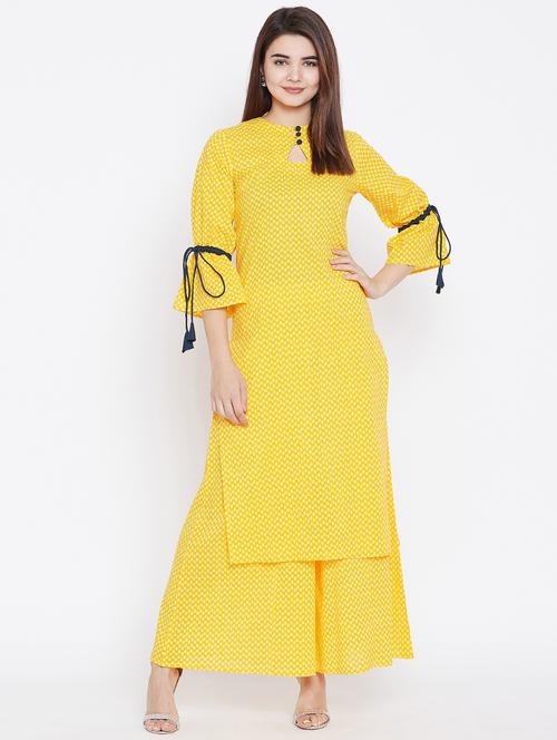 drawstring sleeved kurta with palazzo set - 15811557 - Very Small Image - 1