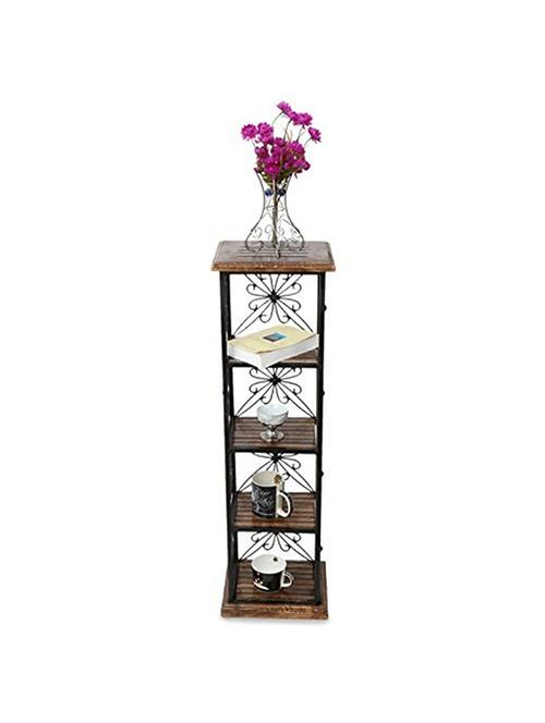 desi karigar wood & iron book shelf cum end table with 4 shelves size(lxbxh-11.5x9.5x40.5) inch - 15812417 - Very Small Image - 1