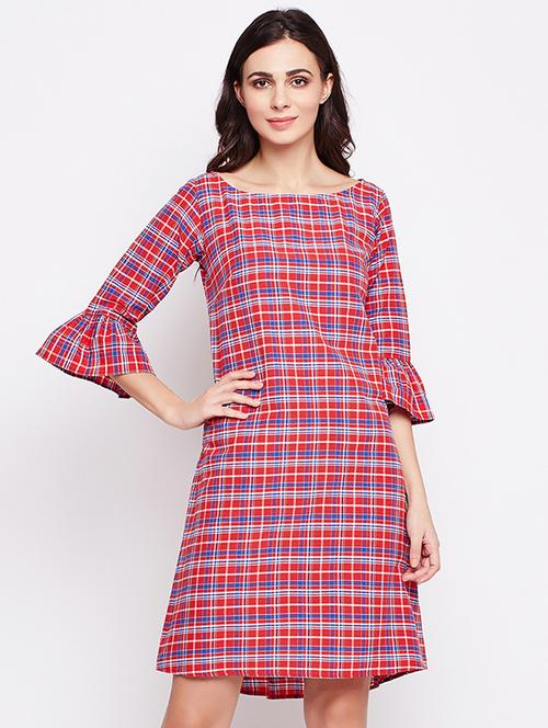 checkered bell sleeved shift dress - 15814032 - Very Small Image - 1
